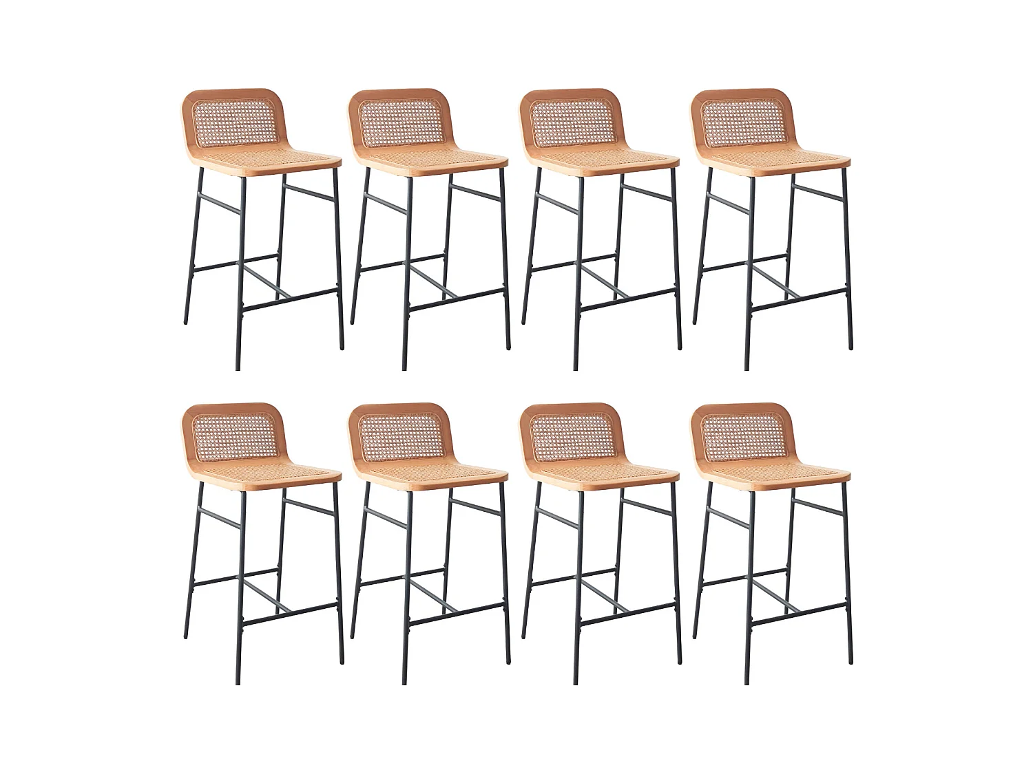 Lot de chaises d'îlot et bar en métal et assise cannage H65cm