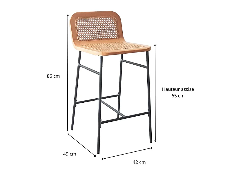 Conjunto de cadeiras de ilha e bar de metal SANA com assento de cana de 65 cm