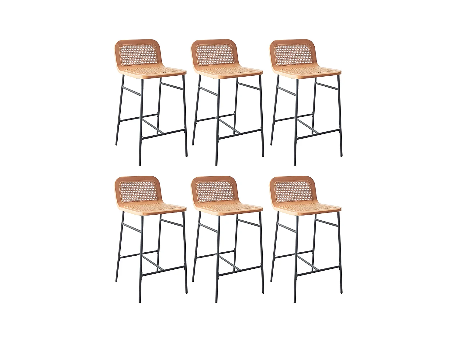 Lot de chaises d'îlot et bar en métal et assise cannage H65cm
