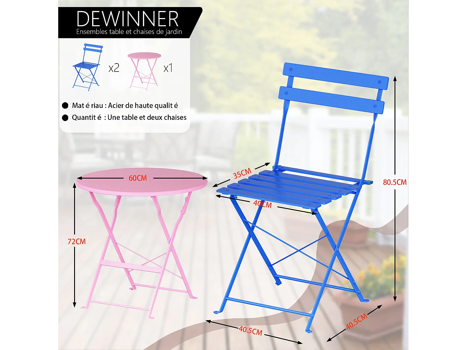 Lot de 3 Meubles de Jardin de Balcon, Bistrot Bar Salon de Jardin Exterieur 2 Personnes