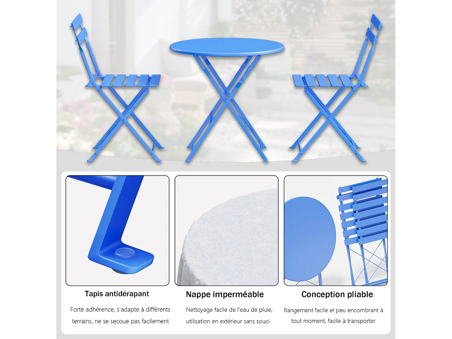 Lot de 3 Meubles de Jardin de Balcon, Table et chaises Pliable, Bistrot Bar Salon de Jardin Exterieur 2 Personnes