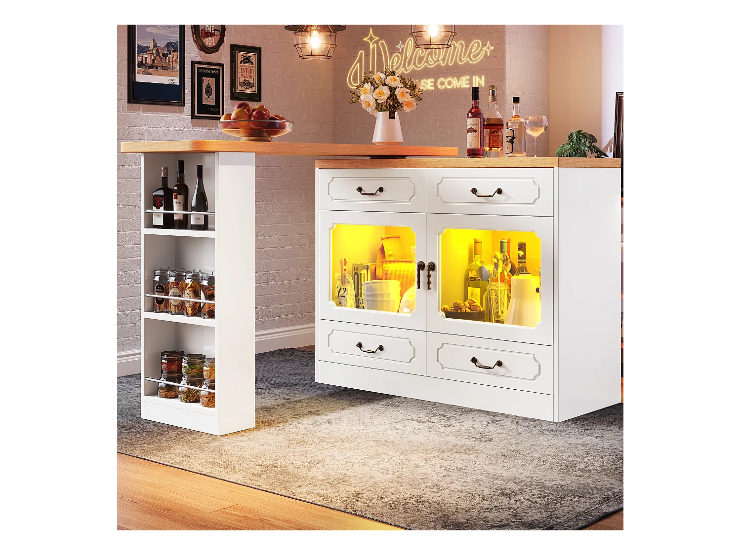 Meuble de bar moderne rotative à 360° - avec LED - 203x39x93cm - 4 tiroirs et 2 portes - avec étagères latérales - Blanc