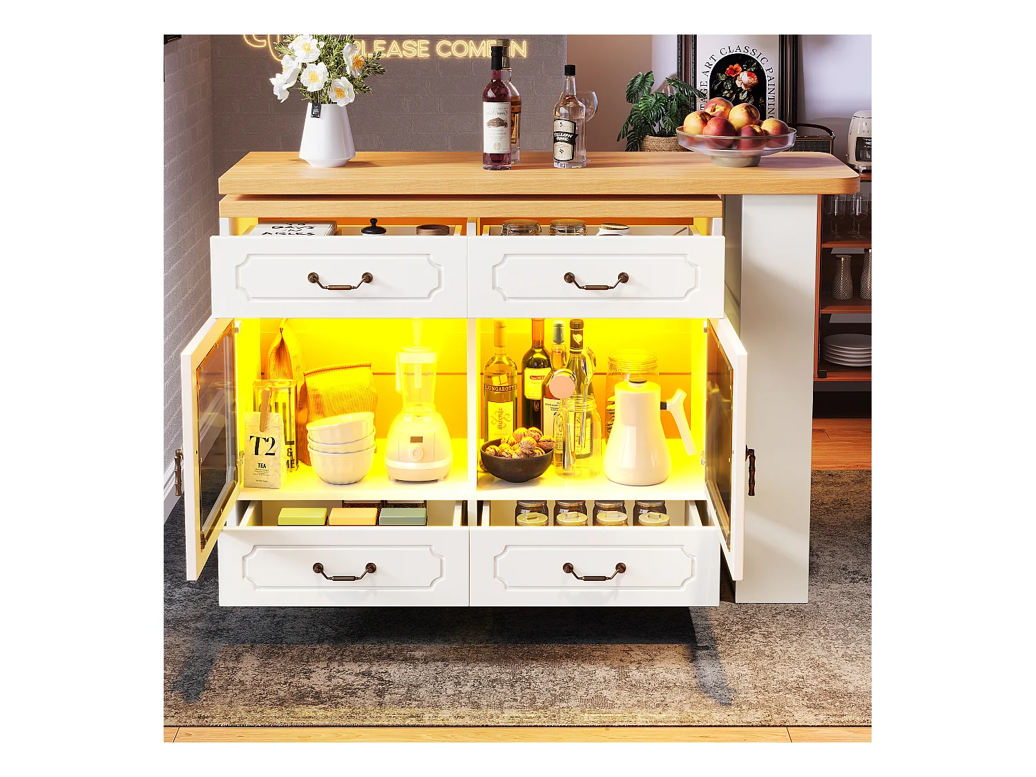 Meuble de bar moderne rotative à 360° - avec LED - 203x39x93cm - 4 tiroirs et 2 portes - avec étagères latérales - Blanc