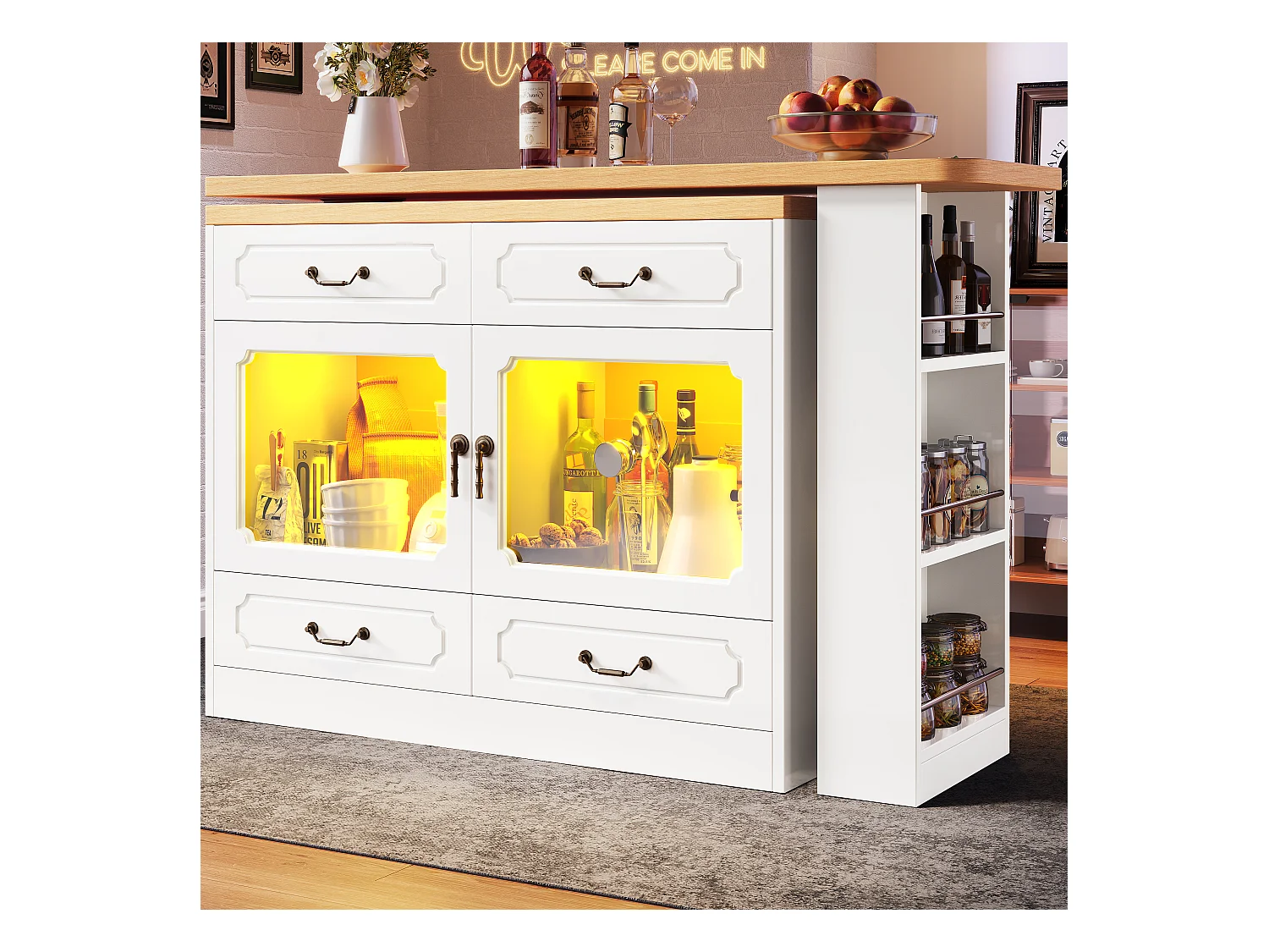 Meuble de bar moderne rotative à 360° - avec LED - 203x39x93cm - 4 tiroirs et 2 portes - avec étagères latérales - Blanc