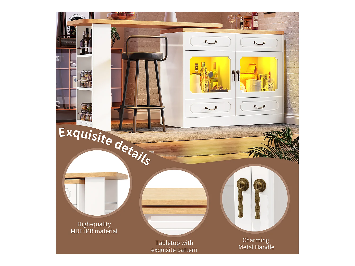 Meuble de bar moderne rotative à 360° - avec LED - 203x39x93cm - 4 tiroirs et 2 portes - avec étagères latérales - Blanc