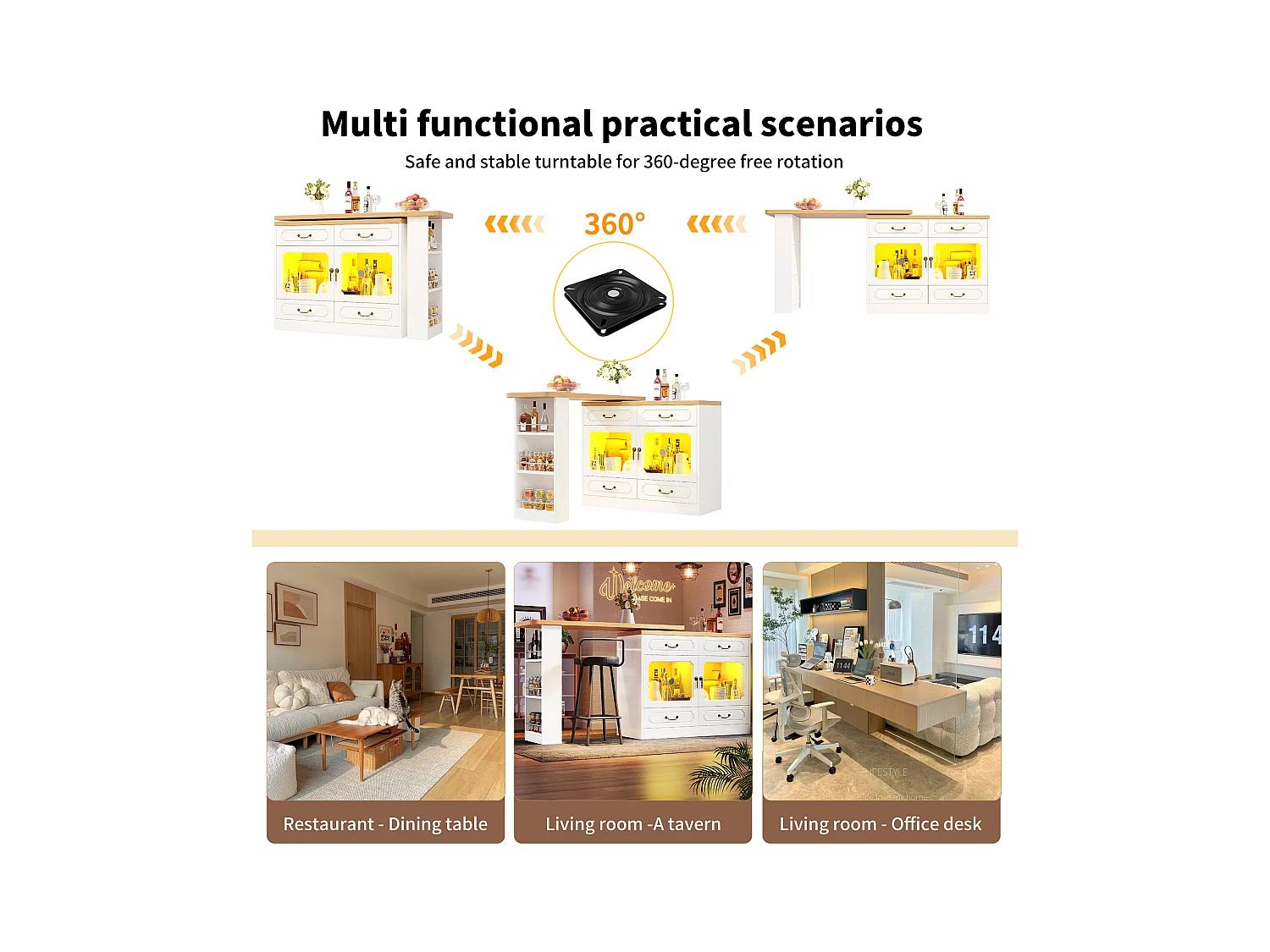 Meuble de bar moderne rotative à 360° - avec LED - 203x39x93cm - 4 tiroirs et 2 portes - avec étagères latérales - Blanc