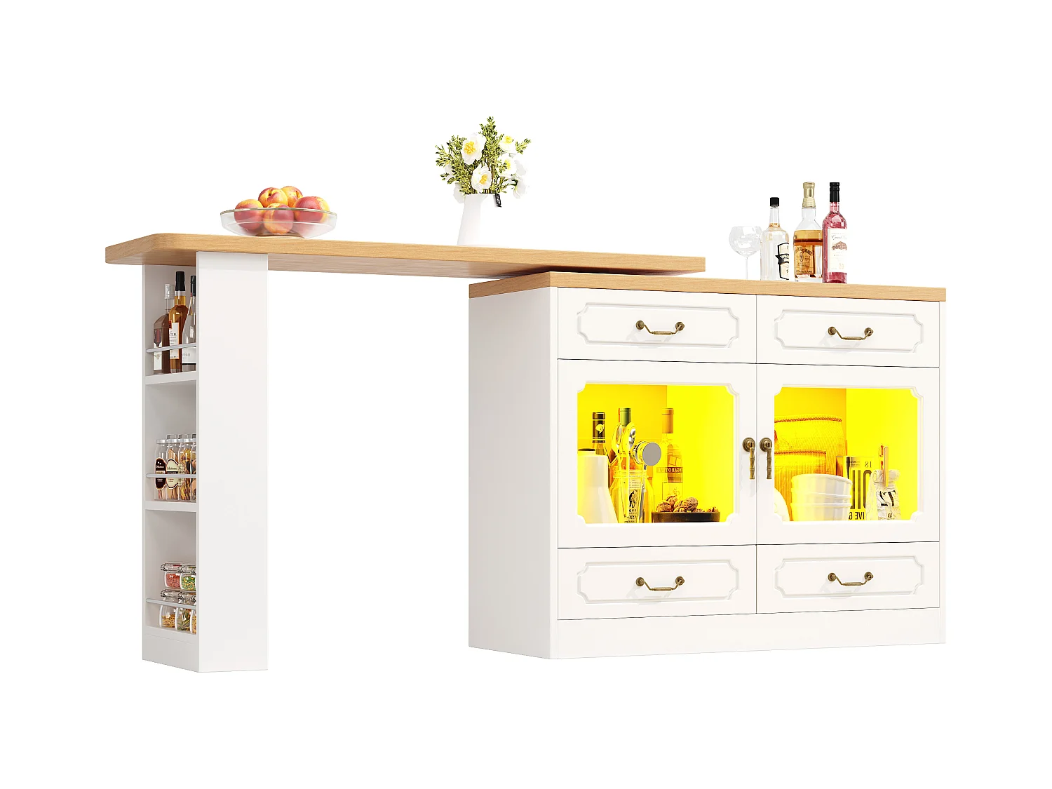 Meuble de bar moderne rotative à 360° - avec LED - 203x39x93cm - 4 tiroirs et 2 portes - avec étagères latérales - Blanc