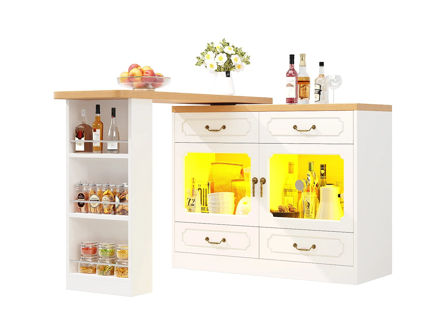 Meuble de bar moderne rotative à 360° - avec LED - 203x39x93cm - 4 tiroirs et 2 portes - avec étagères latérales - Blanc
