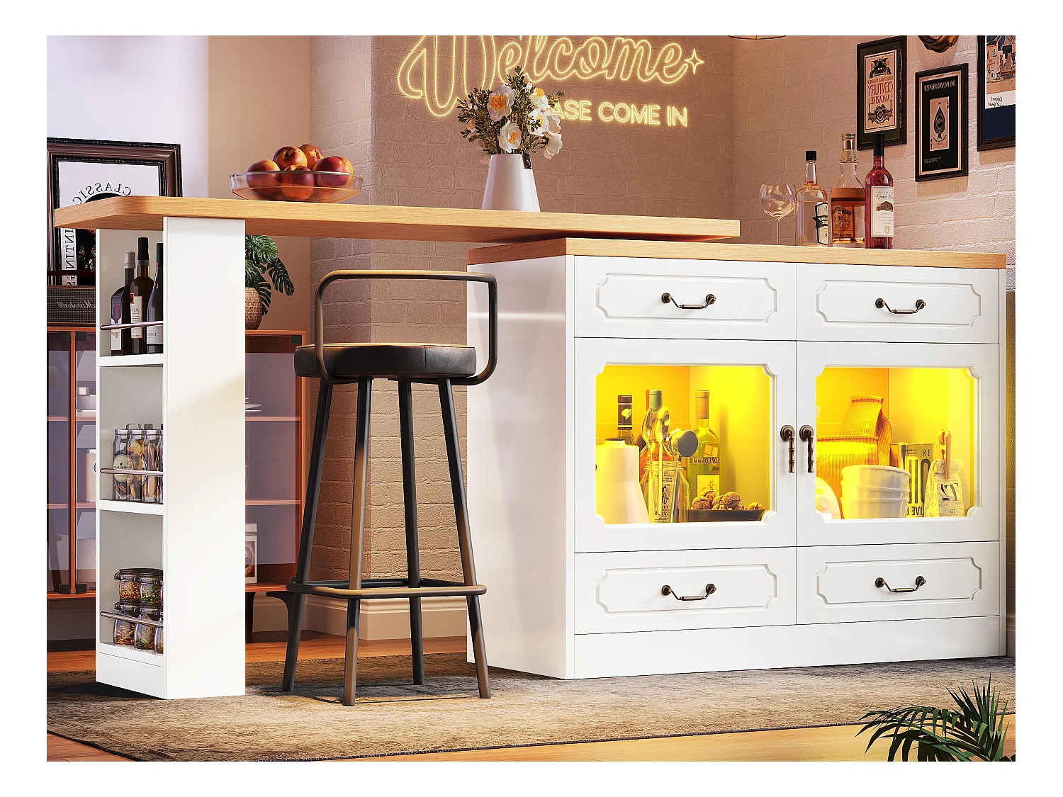 Moderne draaibare barkast 360° - met LED - 203x39x93 cm - 4 laden en 2 deuren - met zijplanken - wit