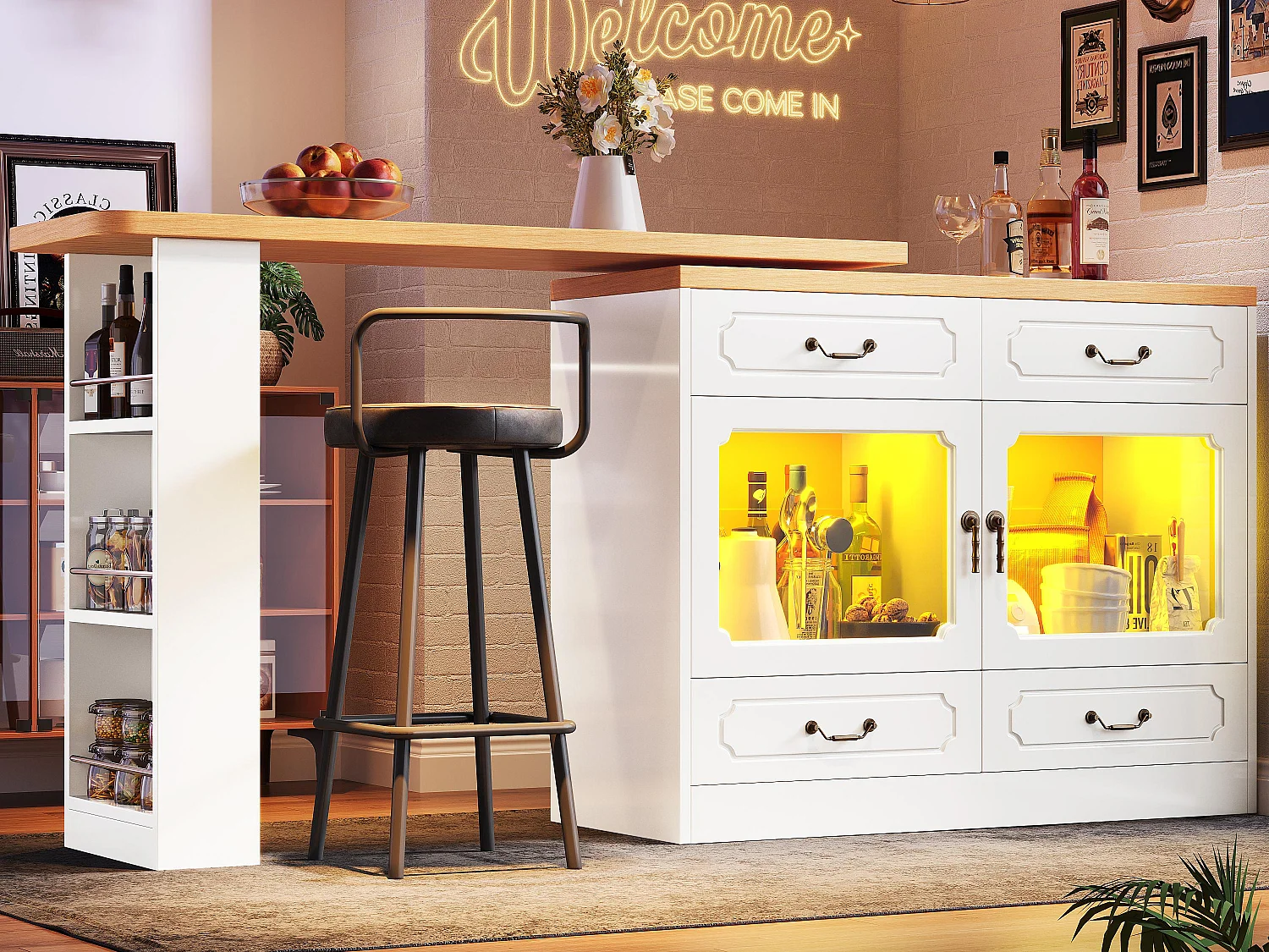 Meuble de bar moderne rotative à 360° - avec LED - 203x39x93cm - 4 tiroirs et 2 portes - avec étagères latérales - Blanc
