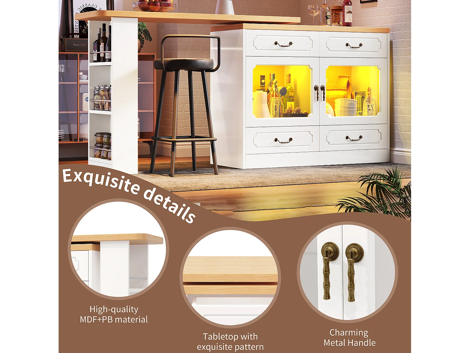 Meuble de bar moderne rotative à 360° - avec LED - 203x39x93cm - 4 tiroirs et 2 portes - avec étagères latérales - Blanc