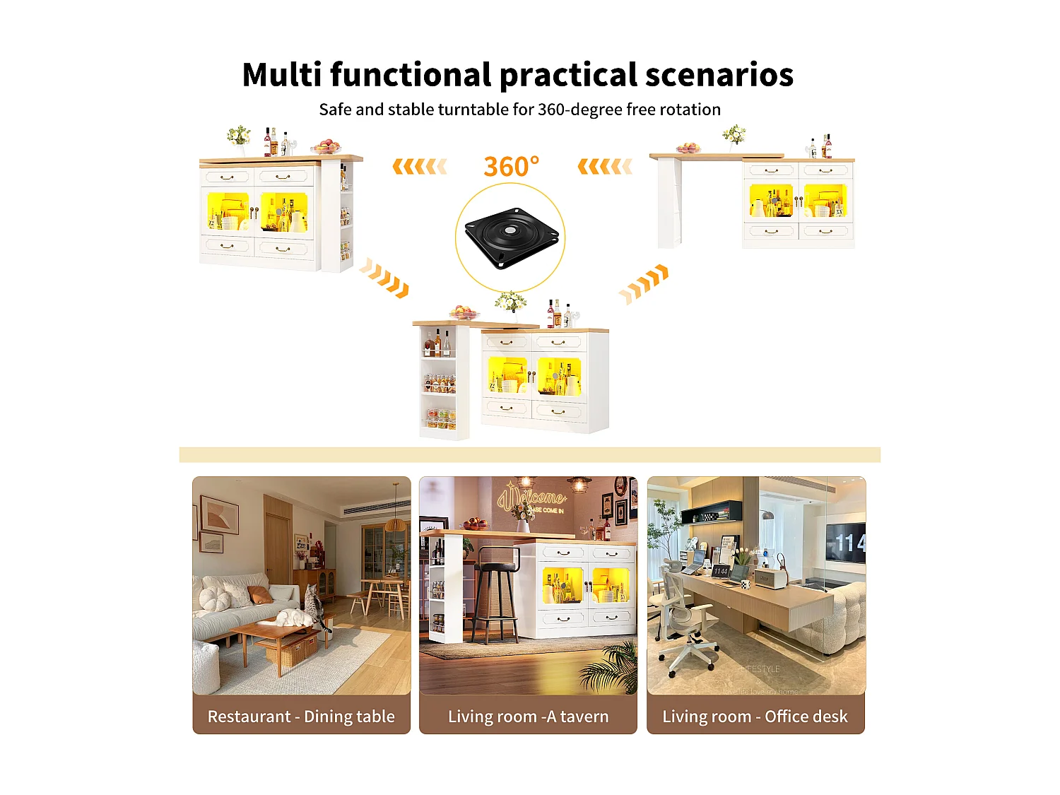 Meuble de bar moderne rotative à 360° - avec LED - 203x39x93cm - 4 tiroirs et 2 portes - avec étagères latérales - Blanc