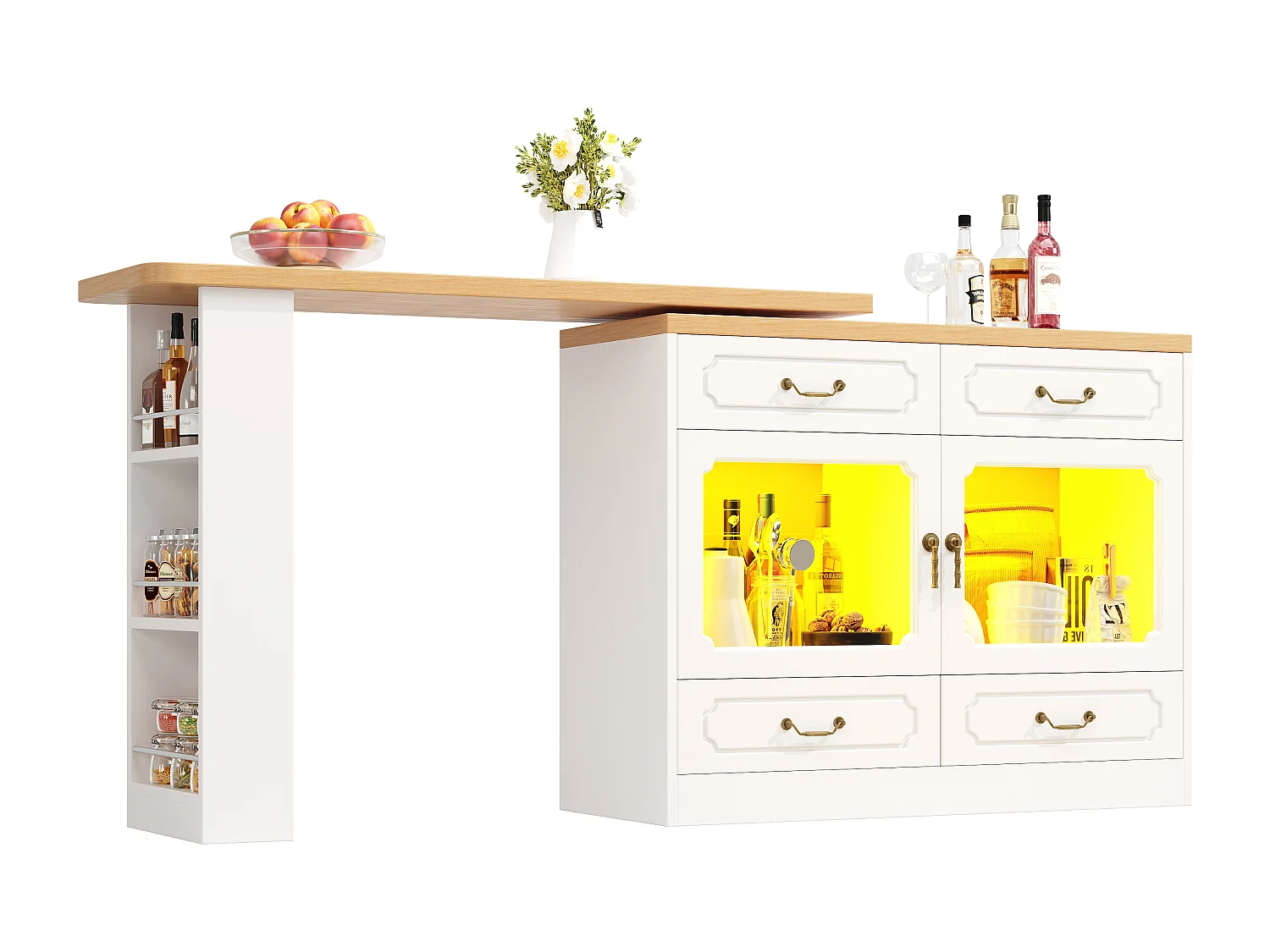 Meuble de bar moderne rotative à 360° - avec LED - 203x39x93cm - 4 tiroirs et 2 portes - avec étagères latérales - Blanc
