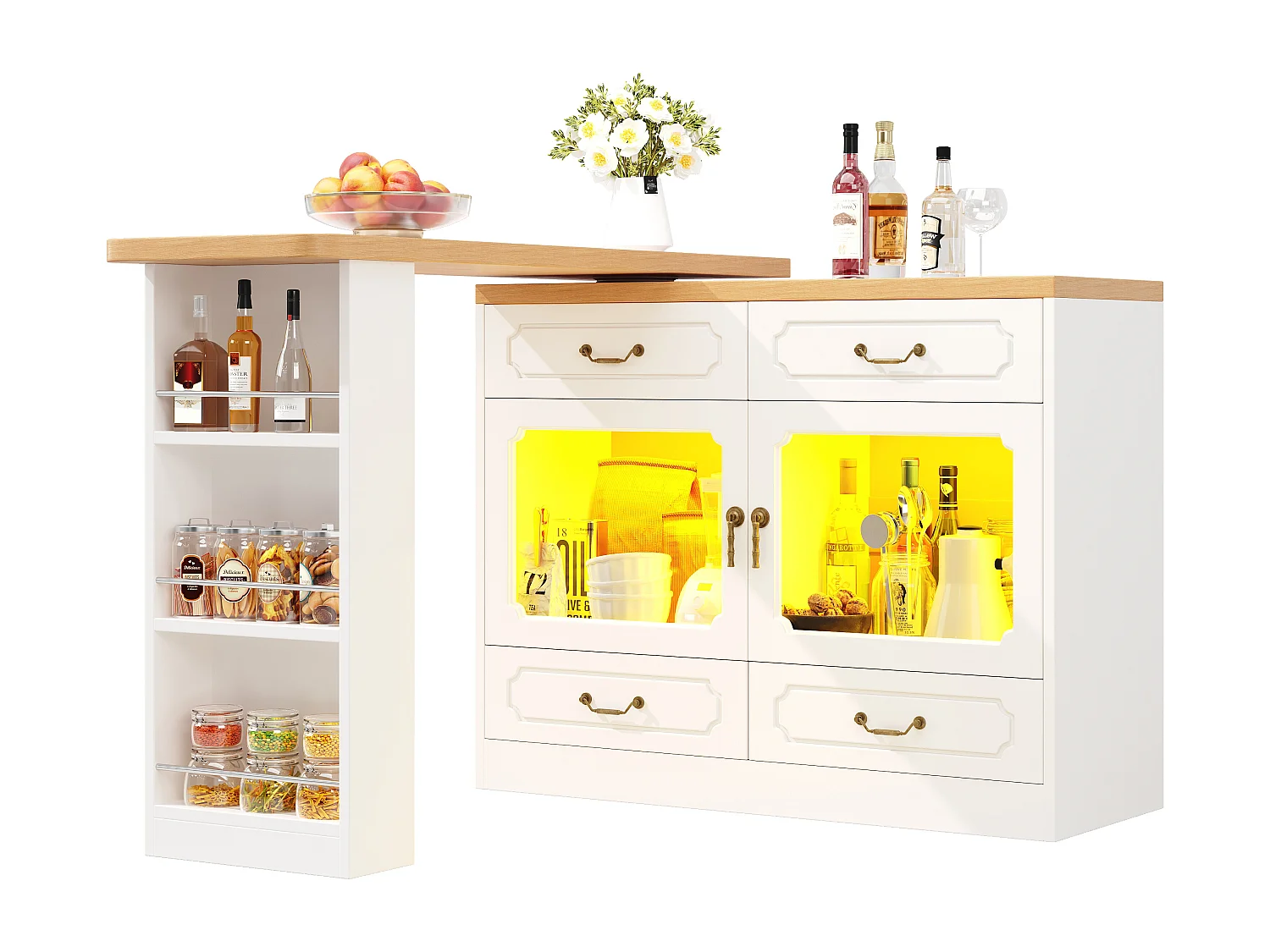 Meuble de bar moderne rotative à 360° - avec LED - 203x39x93cm - 4 tiroirs et 2 portes - avec étagères latérales - Blanc
