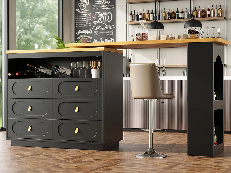Mueble de bar de cocina extensible - y rotación 360° - 203x39x90 cm - 6 cajones - con estantes laterales - Negro