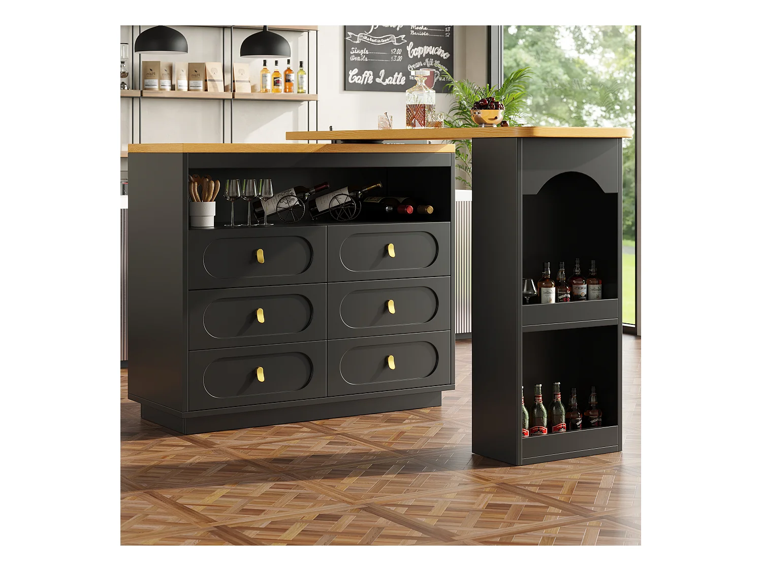 Meuble de bar de cuisine extensible - et rotation à 360° - 203x39x90cm -  6 tiroirs - avec étagères latérales - Noir