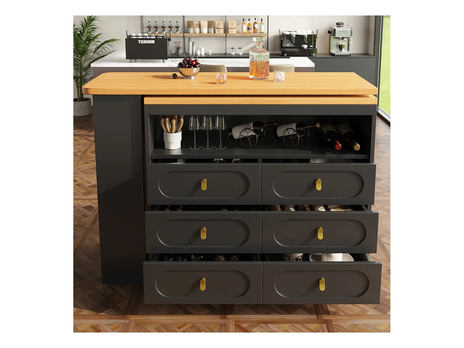 Meuble de bar de cuisine extensible - et rotation à 360° - 203x39x90cm -  6 tiroirs - avec étagères latérales - Noir