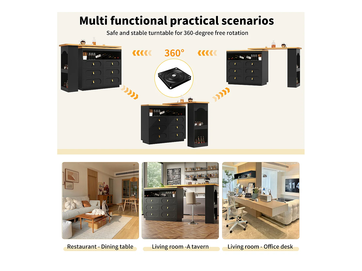 Meuble de bar de cuisine extensible - et rotation à 360° - 203x39x90cm -  6 tiroirs - avec étagères latérales - Noir