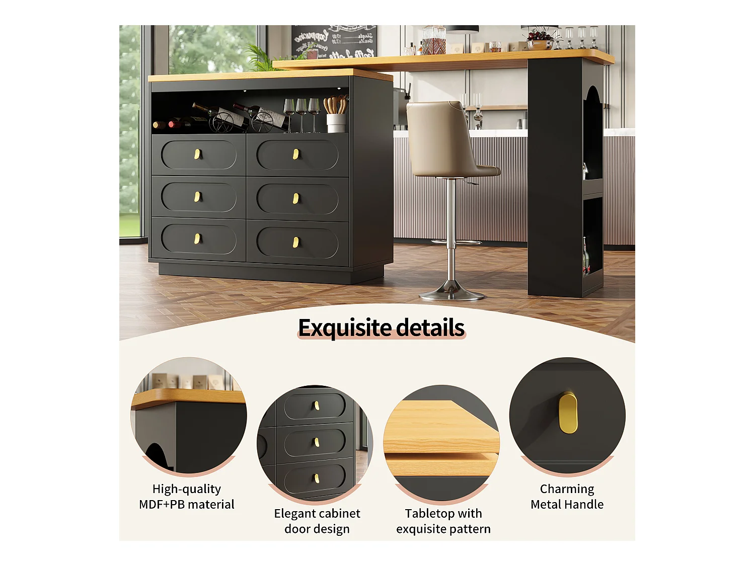 Meuble de bar de cuisine extensible - et rotation à 360° - 203x39x90cm -  6 tiroirs - avec étagères latérales - Noir