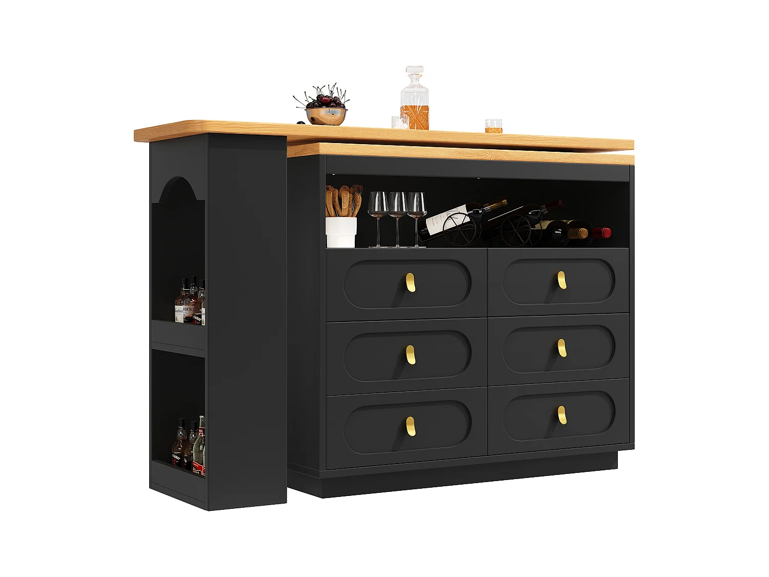 Meuble de bar de cuisine extensible - et rotation à 360° - 203x39x90cm -  6 tiroirs - avec étagères latérales - Noir