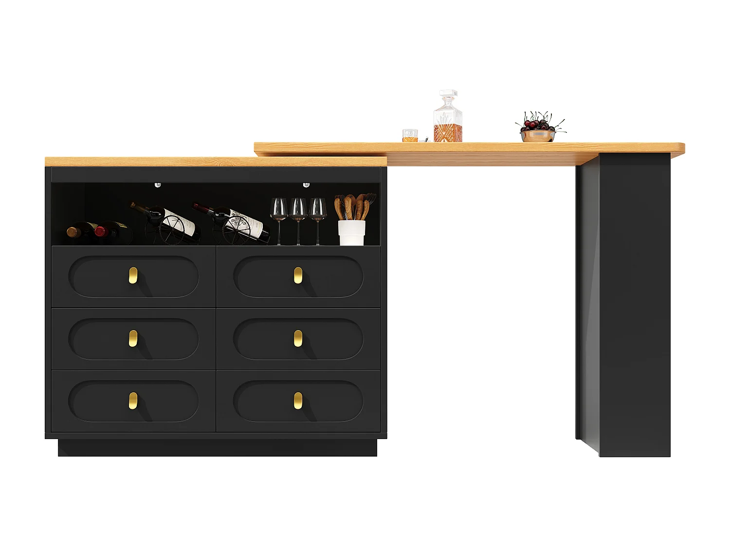 Meuble de bar de cuisine extensible - et rotation à 360° - 203x39x90cm -  6 tiroirs - avec étagères latérales - Noir