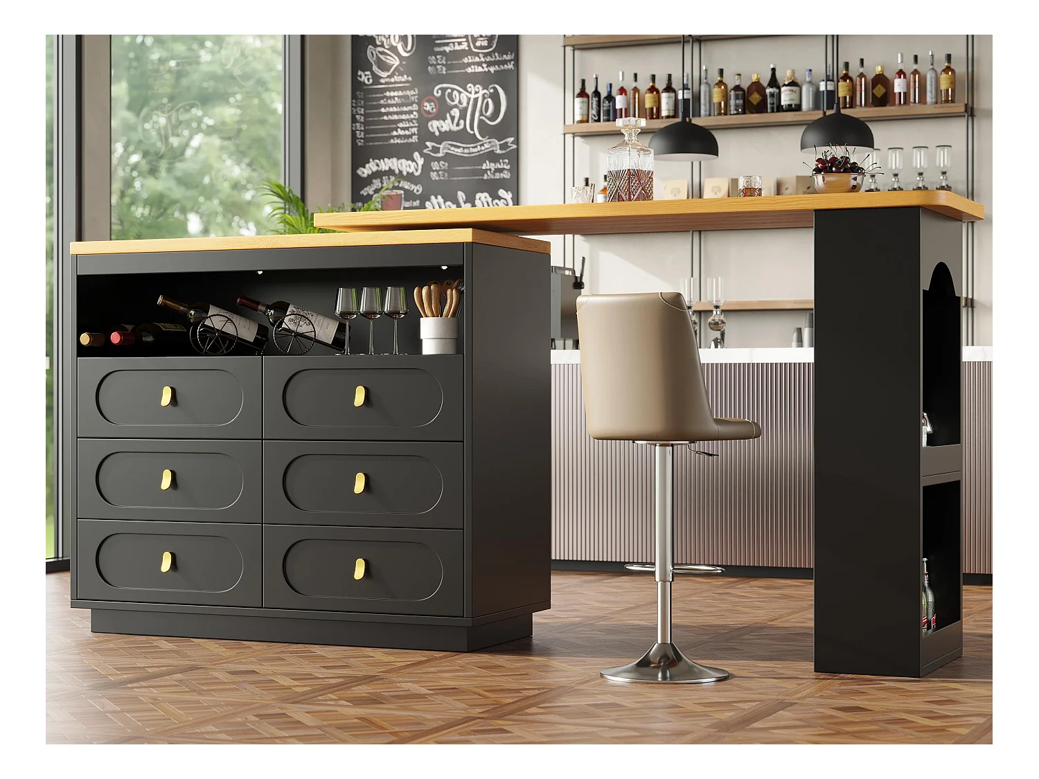 Ausziehbarer Küchen-Bar-Schrank - und 360° Drehung - 203x39x90 cm - 6 Schubladen - mit Seitenregalen - Schwarz
