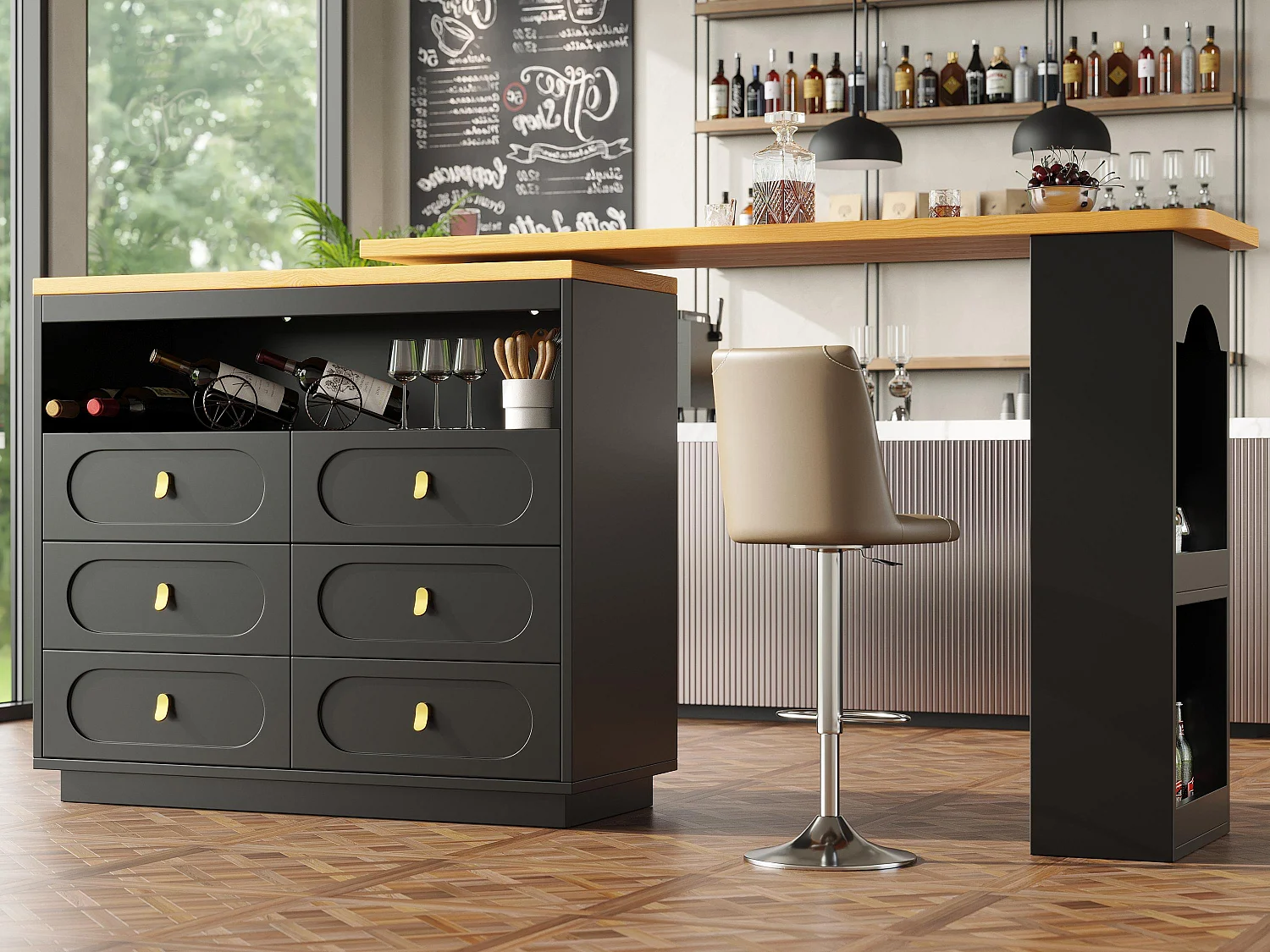 Mobile bar cucina estendibile - e rotazione 360° - 203x39x90 cm - 6 cassetti - con ripiani laterali - Nero
