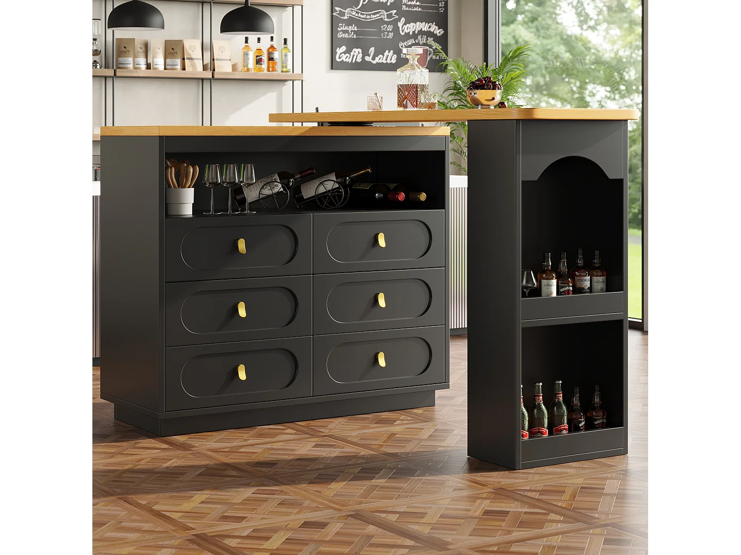 Mobile bar cucina estendibile - e rotazione 360° - 203x39x90 cm - 6 cassetti - con ripiani laterali - Nero
