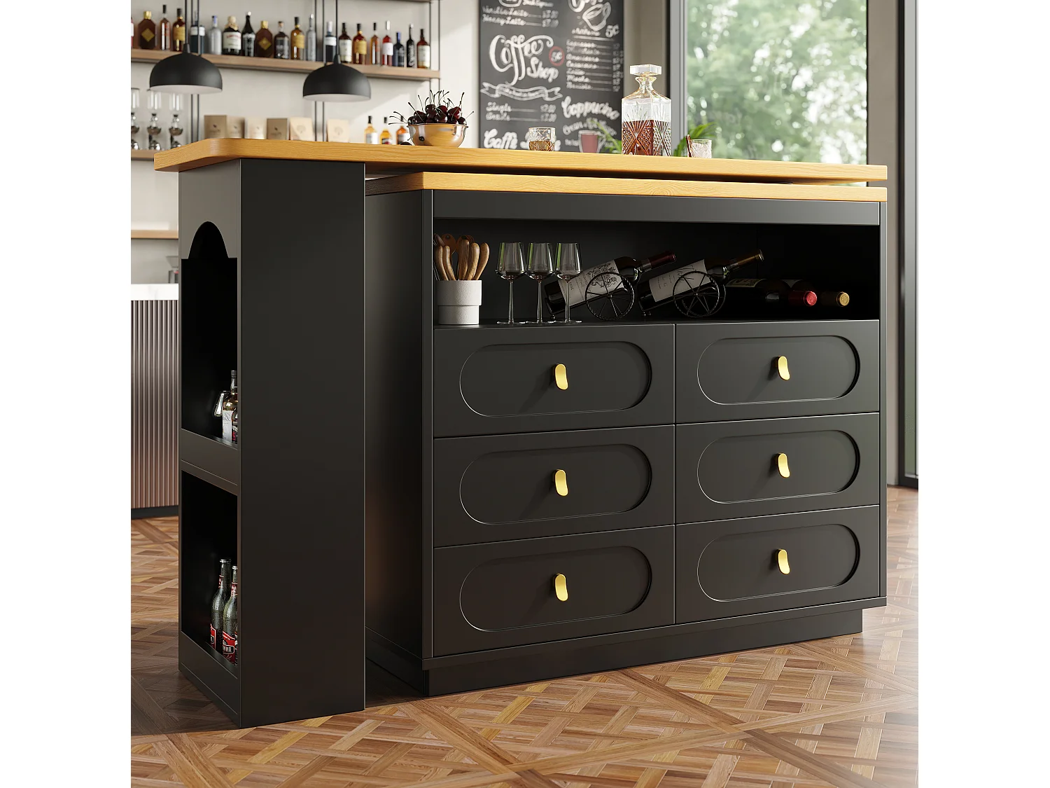 Mobile bar cucina estendibile - e rotazione 360° - 203x39x90 cm - 6 cassetti - con ripiani laterali - Nero