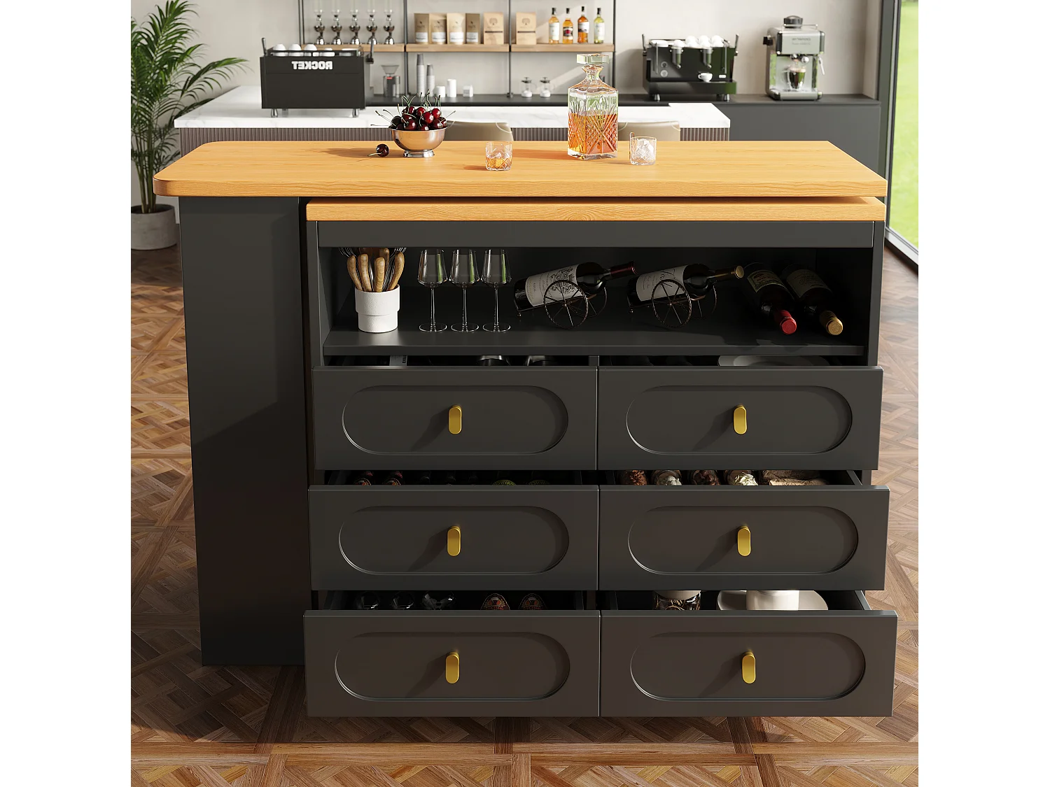 Mobile bar cucina estendibile - e rotazione 360° - 203x39x90 cm - 6 cassetti - con ripiani laterali - Nero