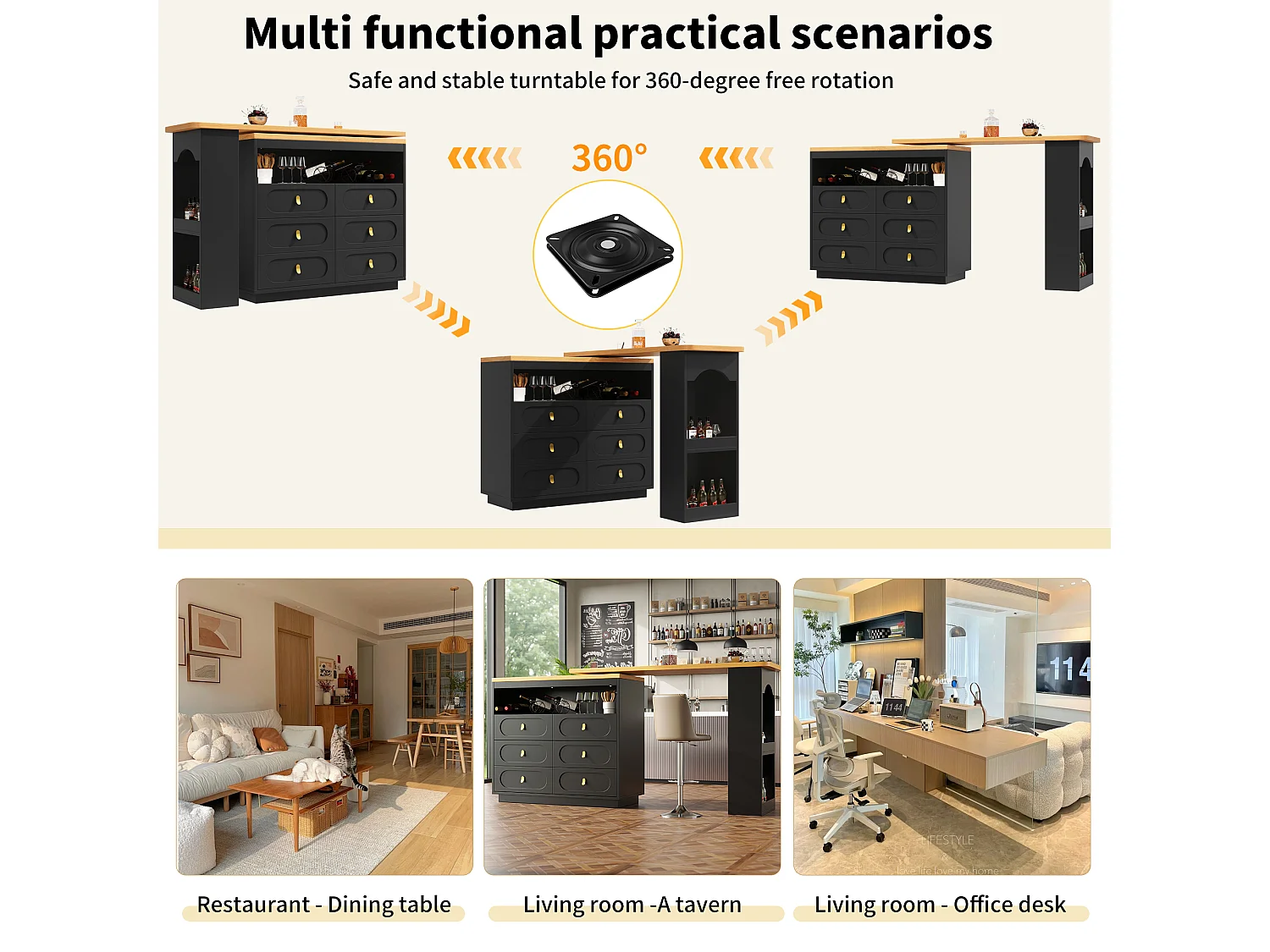Mobile bar cucina estendibile - e rotazione 360° - 203x39x90 cm - 6 cassetti - con ripiani laterali - Nero
