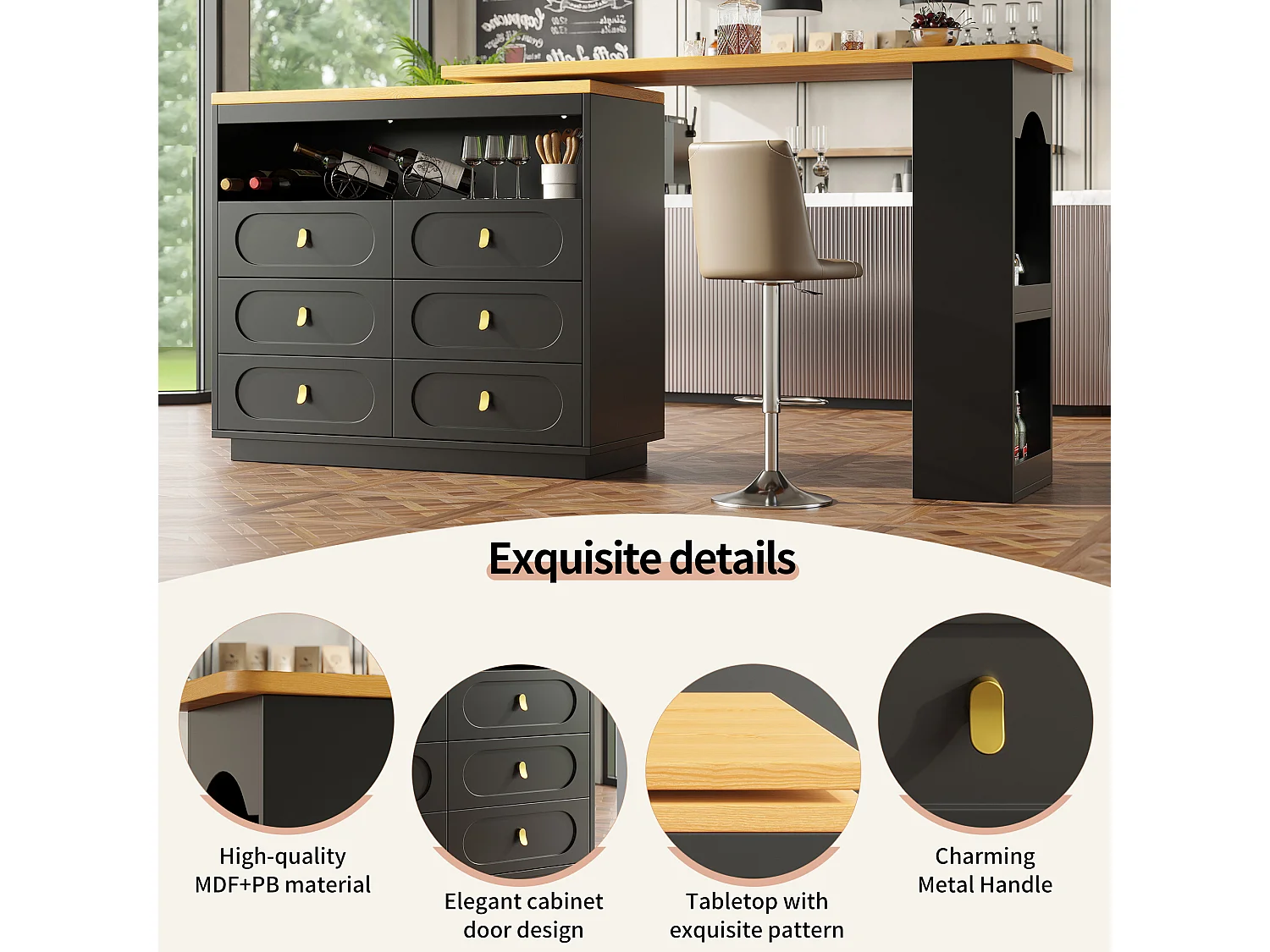 Mobile bar cucina estendibile - e rotazione 360° - 203x39x90 cm - 6 cassetti - con ripiani laterali - Nero