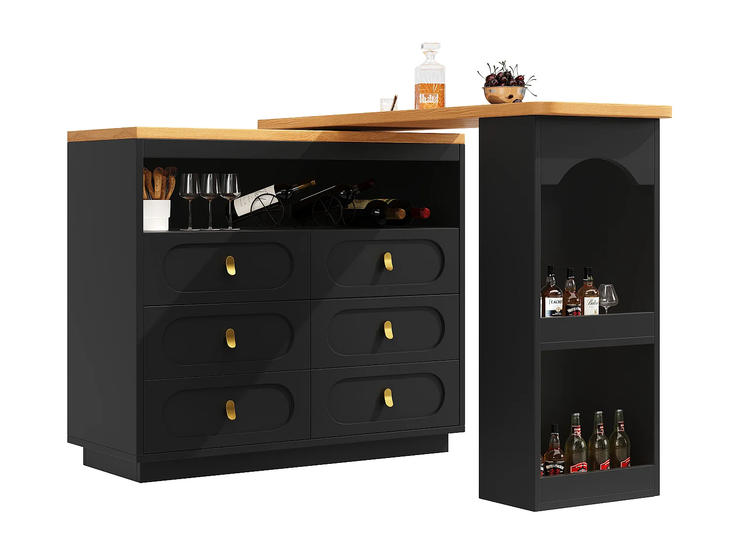 Mobile bar cucina estendibile - e rotazione 360° - 203x39x90 cm - 6 cassetti - con ripiani laterali - Nero