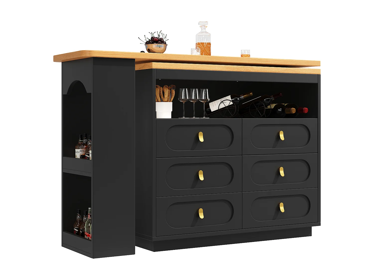 Mobile bar cucina estendibile - e rotazione 360° - 203x39x90 cm - 6 cassetti - con ripiani laterali - Nero