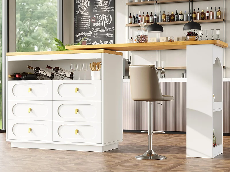 Meuble de bar de cuisine extensible - et rotation à 360° - 203x39x90cm -  6 tiroirs - avec étagères latérales - Blanc