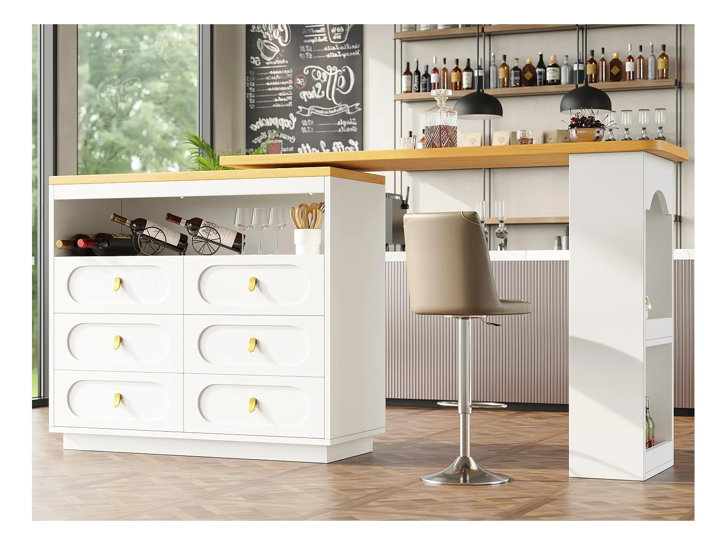 Meuble de bar de cuisine extensible - et rotation à 360° - 203x39x90cm -  6 tiroirs - avec étagères latérales - Blanc