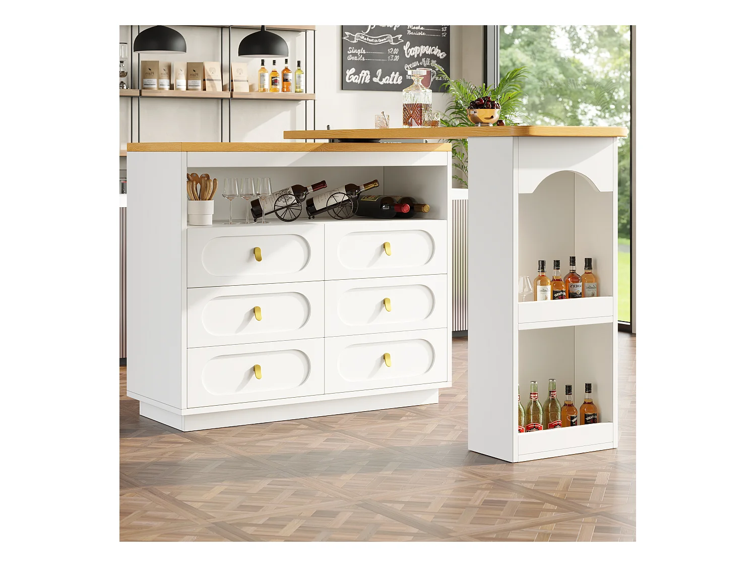 Meuble de bar de cuisine extensible - et rotation à 360° - 203x39x90cm -  6 tiroirs - avec étagères latérales - Blanc