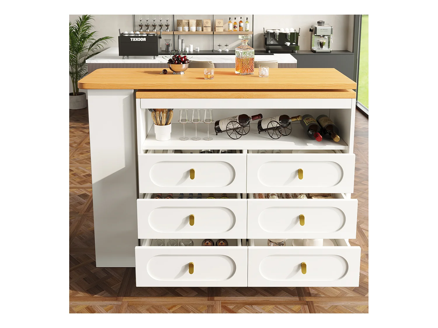 Meuble de bar de cuisine extensible - et rotation à 360° - 203x39x90cm -  6 tiroirs - avec étagères latérales - Blanc