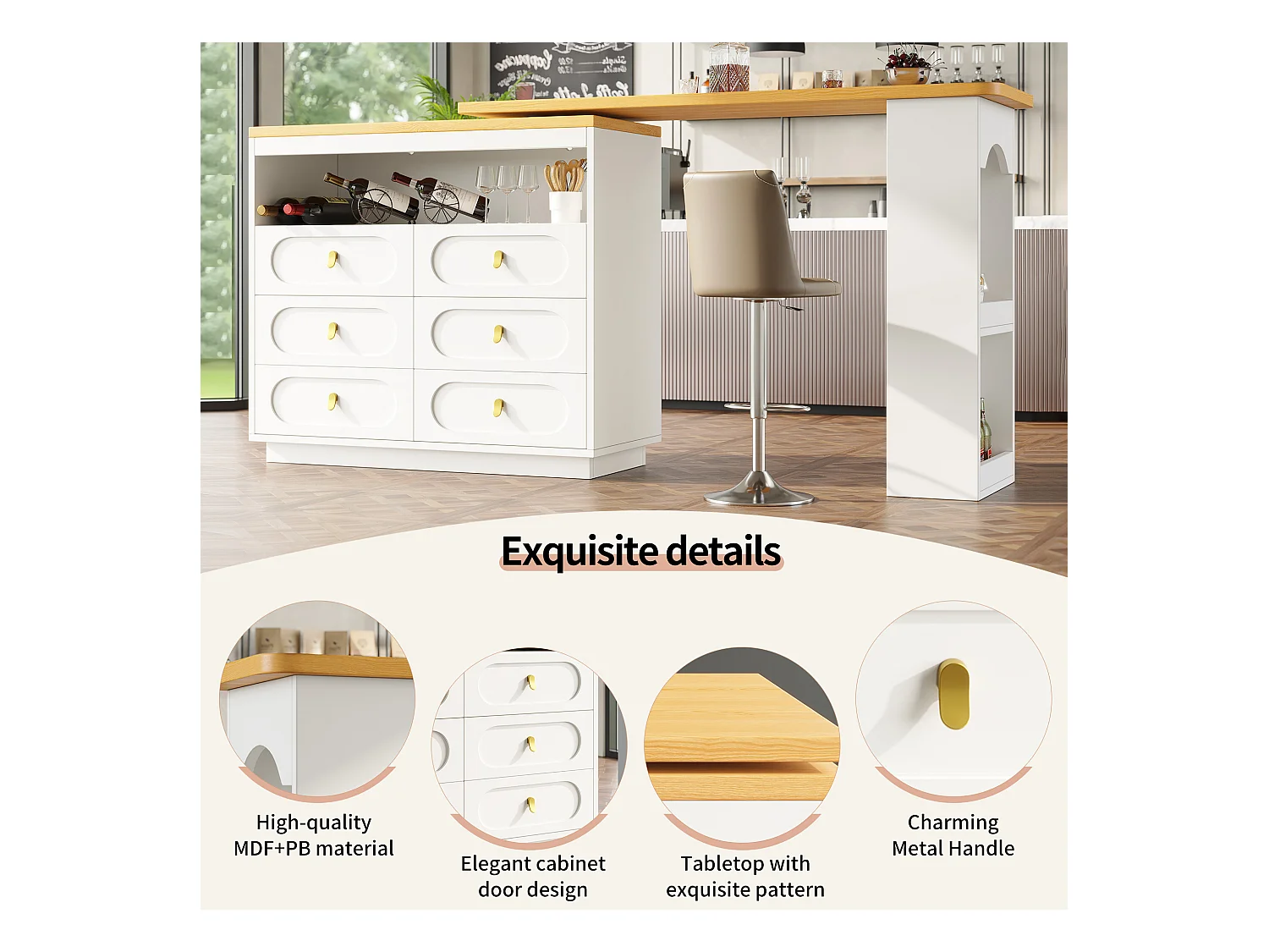Meuble de bar de cuisine extensible - et rotation à 360° - 203x39x90cm -  6 tiroirs - avec étagères latérales - Blanc