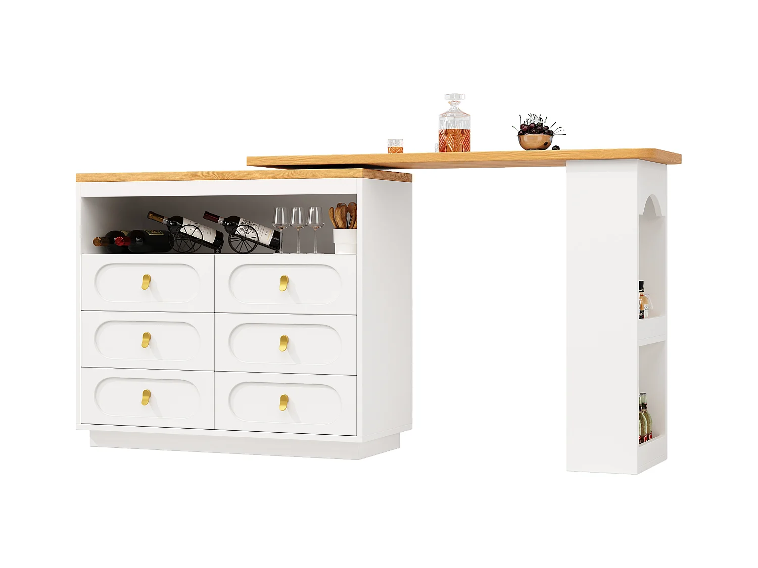 Meuble de bar de cuisine extensible - et rotation à 360° - 203x39x90cm -  6 tiroirs - avec étagères latérales - Blanc