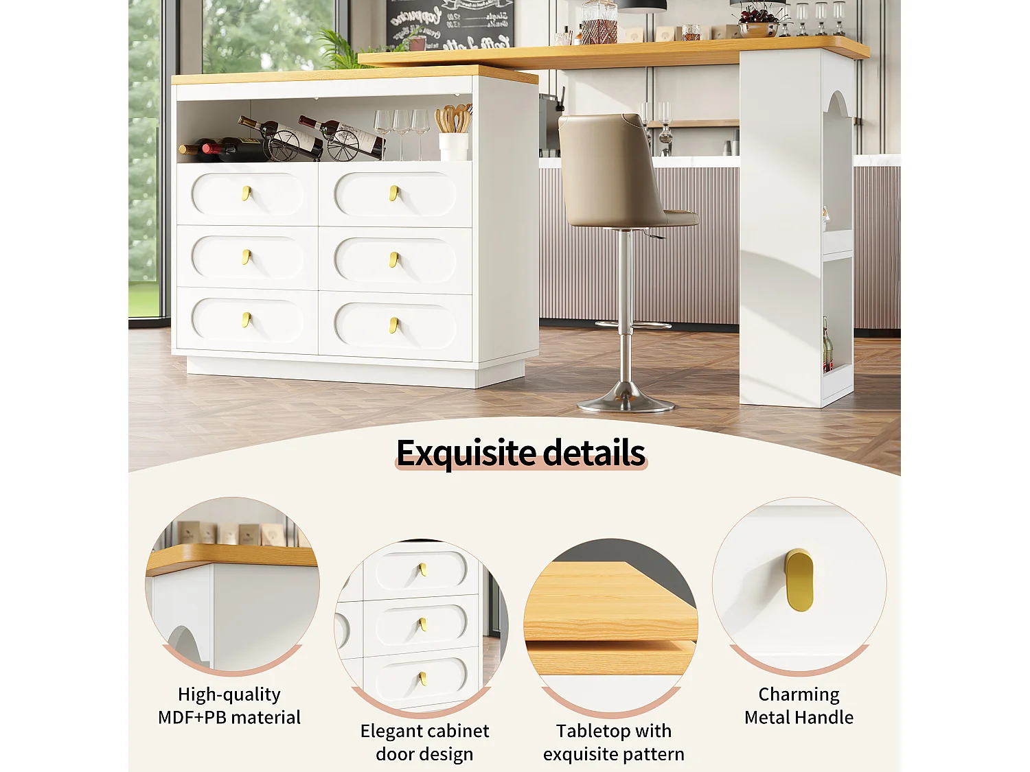 Mobile bar cucina estendibile - e rotazione 360° - 203x39x90 cm - 6 cassetti - con ripiani laterali - Bianco