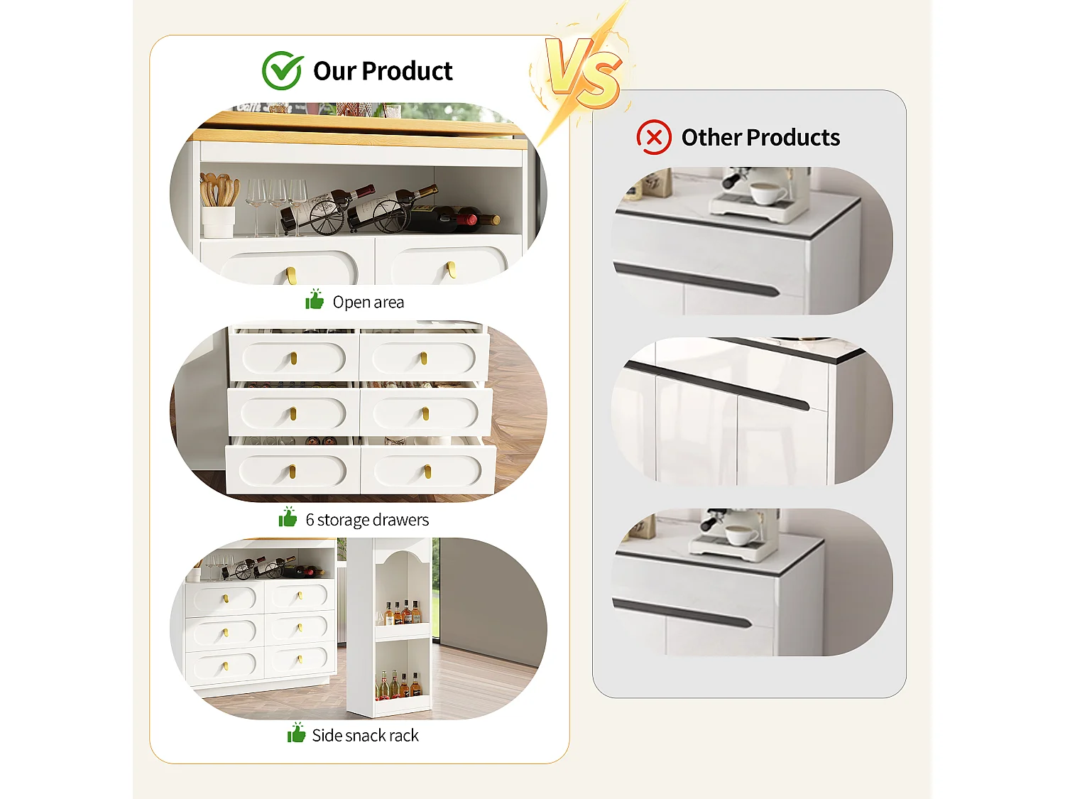 Mobile bar cucina estendibile - e rotazione 360° - 203x39x90 cm - 6 cassetti - con ripiani laterali - Bianco
