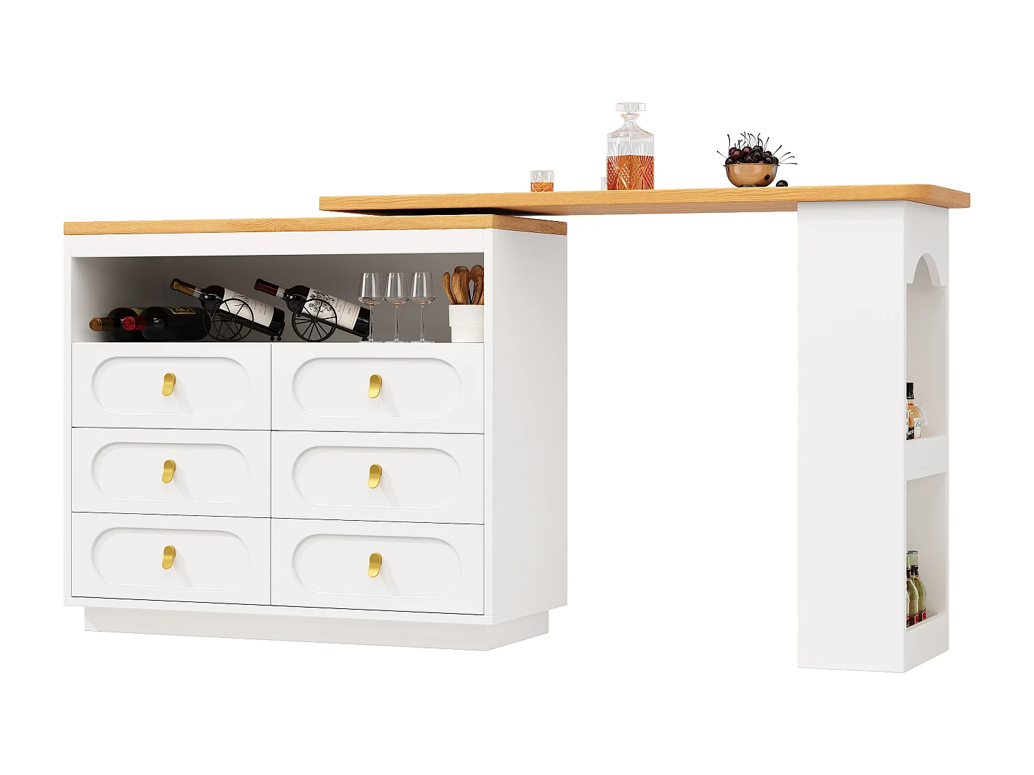 Mobile bar cucina estendibile - e rotazione 360° - 203x39x90 cm - 6 cassetti - con ripiani laterali - Bianco