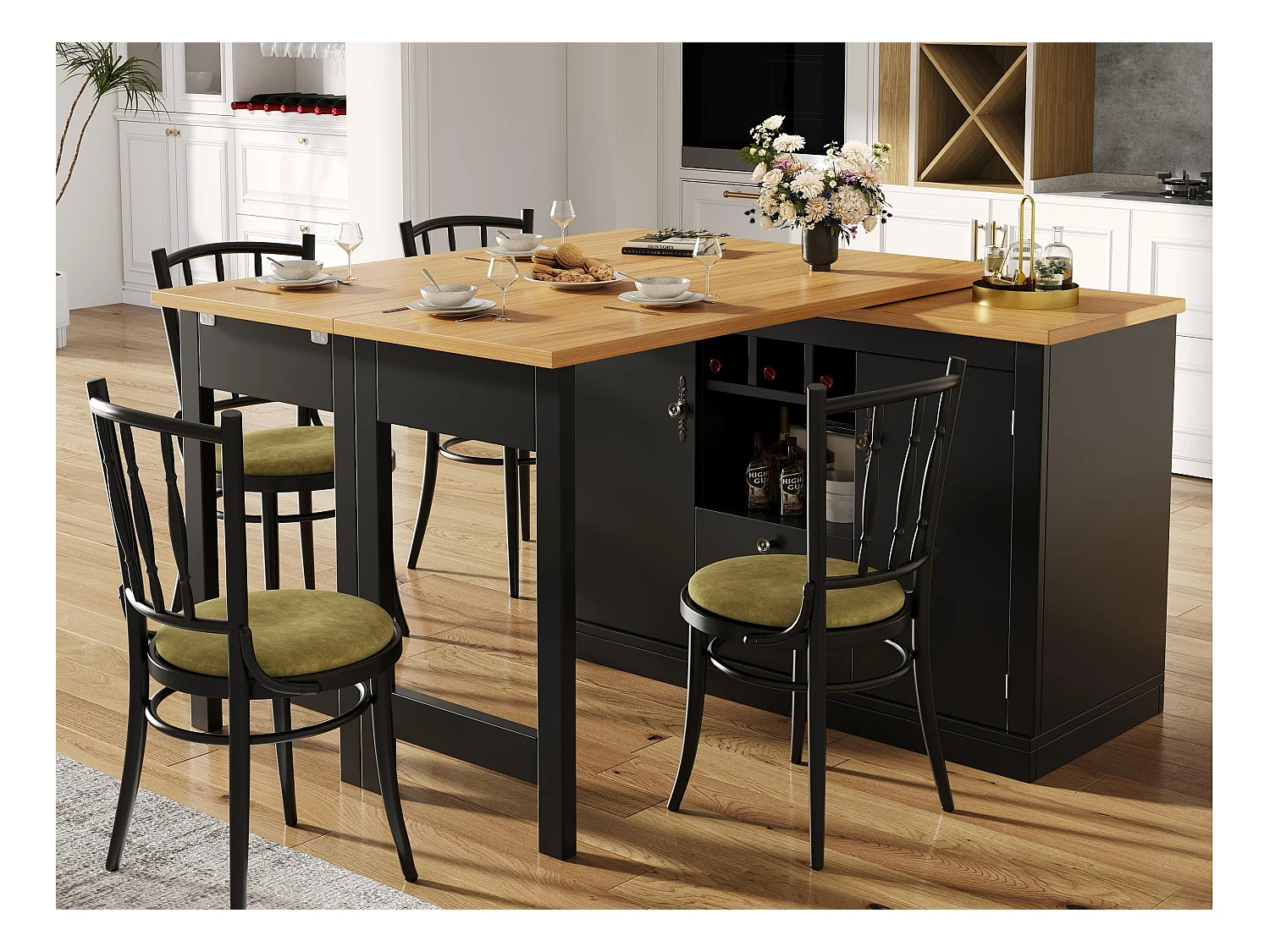 Uitschuifbare keukenbar meubel - en 360° draaiing - grote tafel - 180x79.5x71.5 cm - 2 laden en 2 deuren - 3 wijnrekken - Zwart