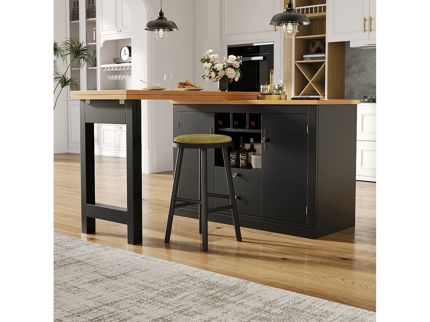 Uitschuifbare keukenbar meubel - en 360° draaiing - grote tafel - 180x79.5x71.5 cm - 2 laden en 2 deuren - 3 wijnrekken - Zwart