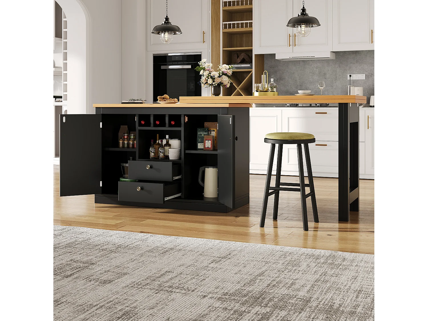 Uitschuifbare keukenbar meubel - en 360° draaiing - grote tafel - 180x79.5x71.5 cm - 2 laden en 2 deuren - 3 wijnrekken - Zwart