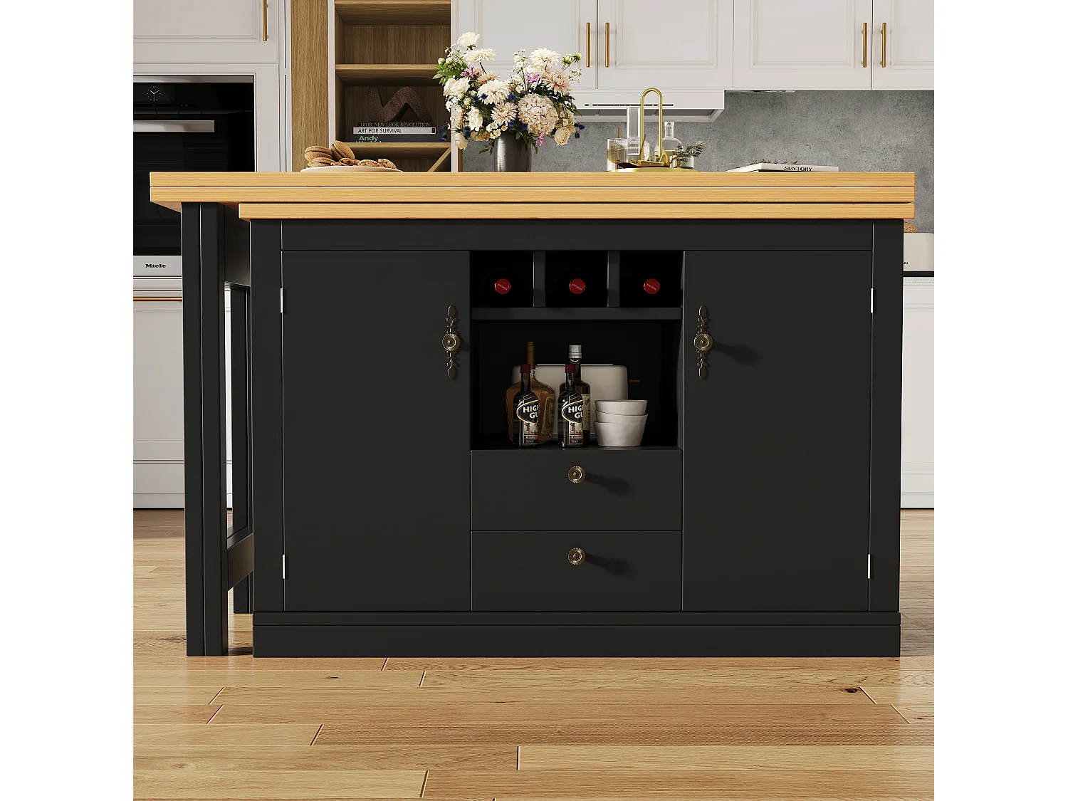 Uitschuifbare keukenbar meubel - en 360° draaiing - grote tafel - 180x79.5x71.5 cm - 2 laden en 2 deuren - 3 wijnrekken - Zwart