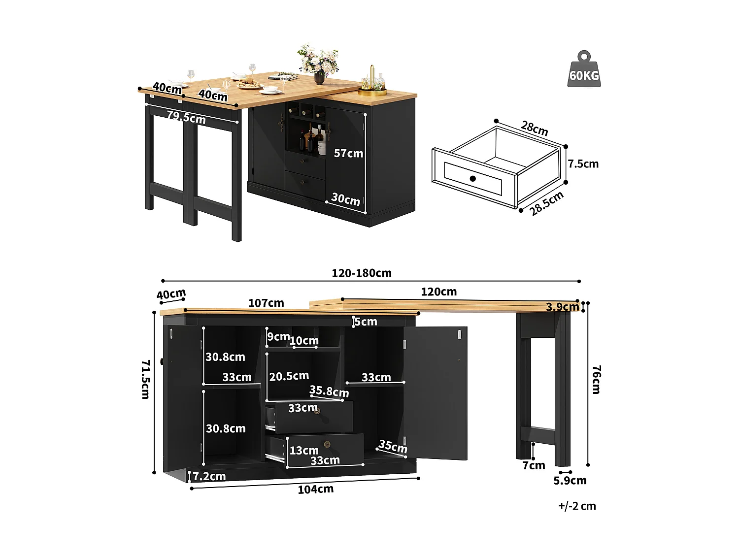 Uitschuifbare keukenbar meubel - en 360° draaiing - grote tafel - 180x79.5x71.5 cm - 2 laden en 2 deuren - 3 wijnrekken - Zwart