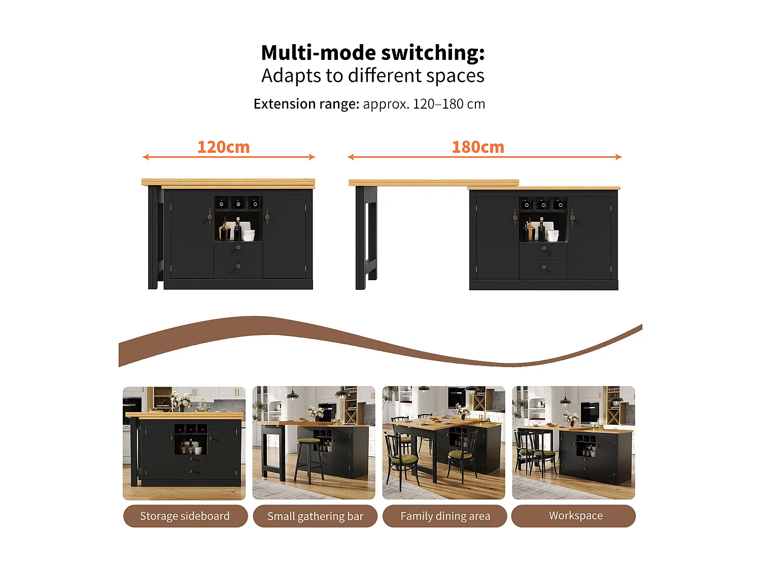 Uitschuifbare keukenbar meubel - en 360° draaiing - grote tafel - 180x79.5x71.5 cm - 2 laden en 2 deuren - 3 wijnrekken - Zwart