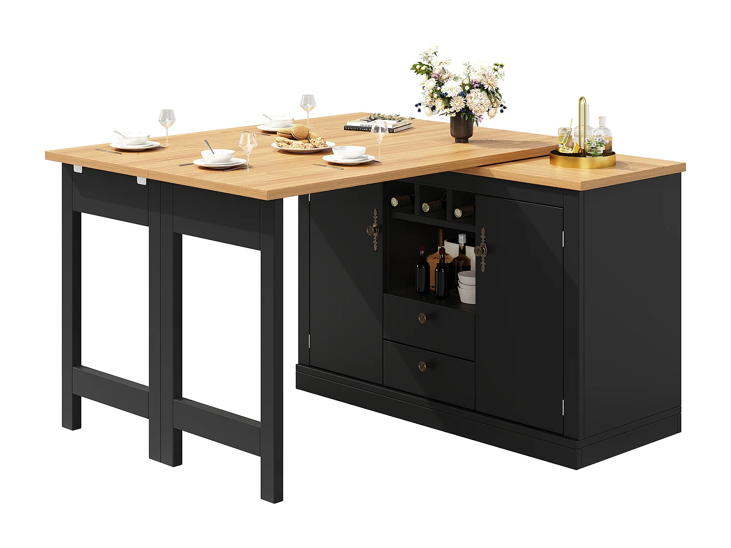 Uitschuifbare keukenbar meubel - en 360° draaiing - grote tafel - 180x79.5x71.5 cm - 2 laden en 2 deuren - 3 wijnrekken - Zwart